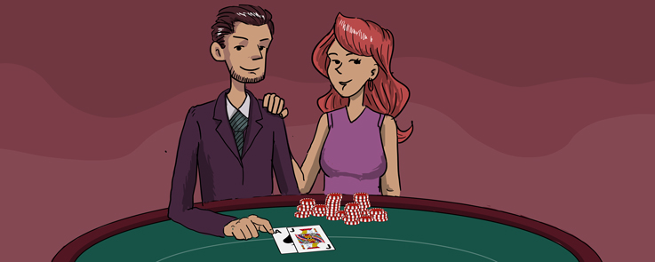 Man and Woman sitting near a blackjack table with casino chips
