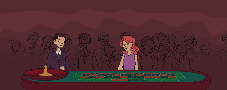 A crowded Roulette table at the casino. Man and Woman standing far from eachother