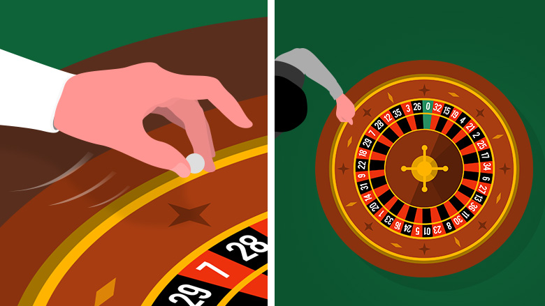 A hand releasing the roulette ball with some speed and a wide shot showing the ball being releasing in the same spot