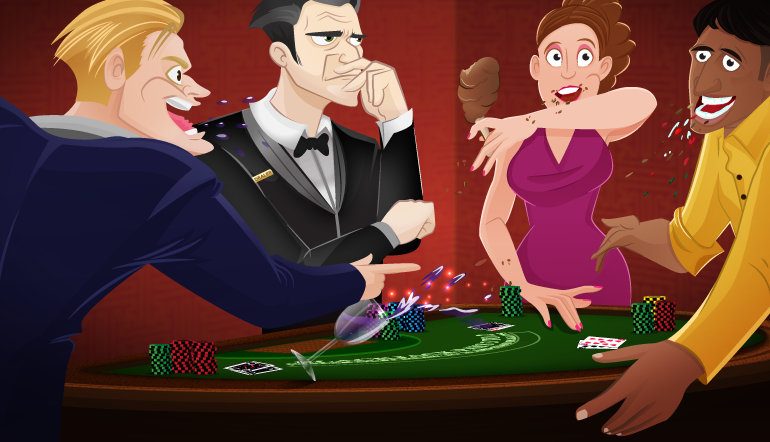 Players eating at the casino game table. The Croupier is not happy