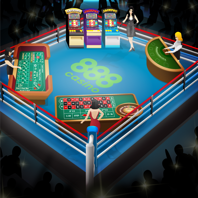 Casino Games inside a boxing ring with 888casino logo in the center