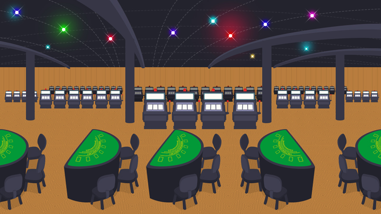 Land Based Casino with rows of Blackjack tables and slot machines