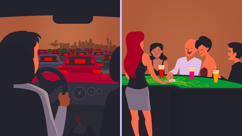 Left: massive traffic on the way to the casino. Right: people having fun at the casino, smiling and drinking