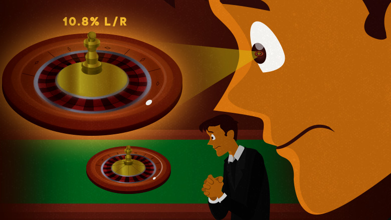 Player looking at a roulette. Close up on his eyes that shows a roulette wheel spinning and “10.8% L/R” above it