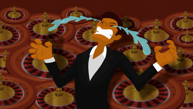 Player is crying, surrounding by a dozens of spinning roulette wheels
