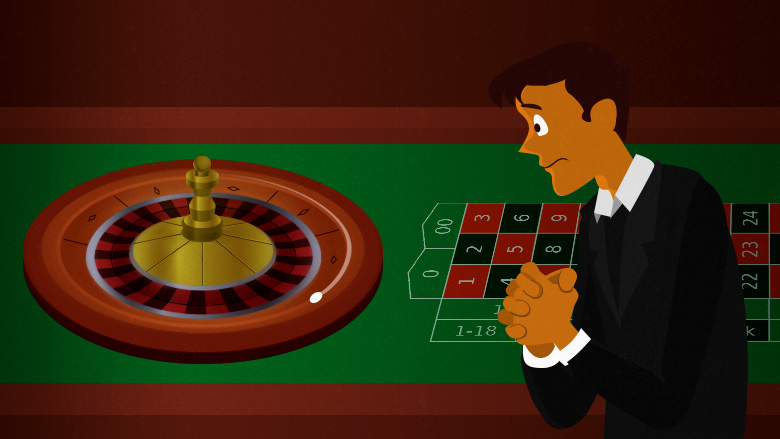 Roulette wheel is spinning. The player’s is looking at it with panic in his eyes