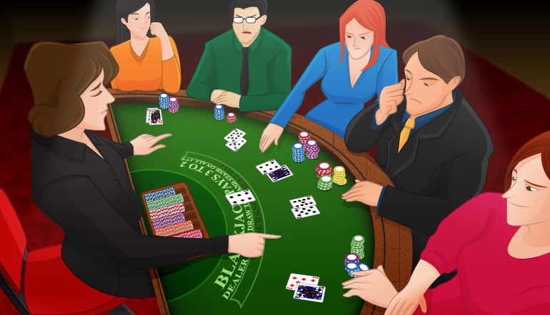 Blackjack table with 5 players and a dealer