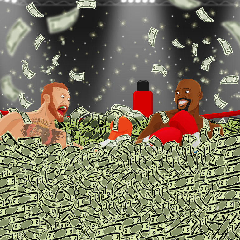 McGregor and Mayweather fighting in a boxing ring full of money