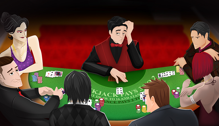 A blackjack dealer with 6 blackjack players around the table