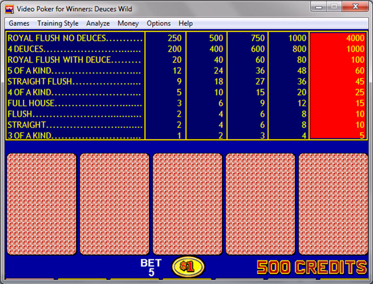 deuces wild video poker pay table